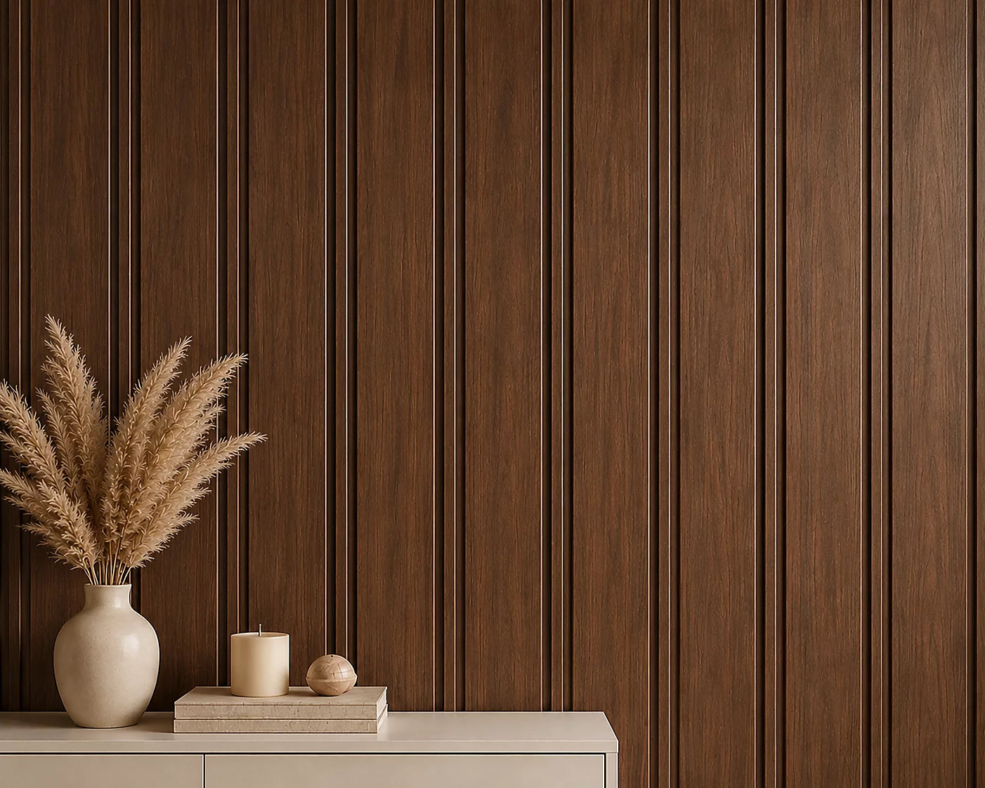 Waterproof walnut WPC wall panels installed in a modern living room by Solid Furniture UK
