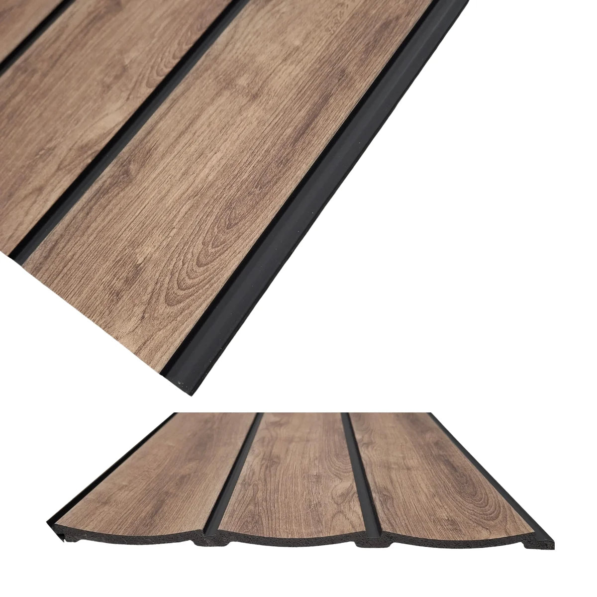 Angled view of Walnut Wave wainscoting wall panel UK