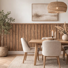 Walnut Wave wainscoting wall panels installed in a UK dining area