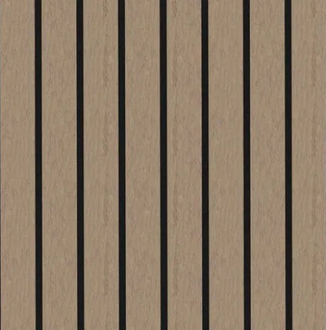 Walnut wide slat acoustic wall panels installed in modern living room 3 sided solid furniture UK