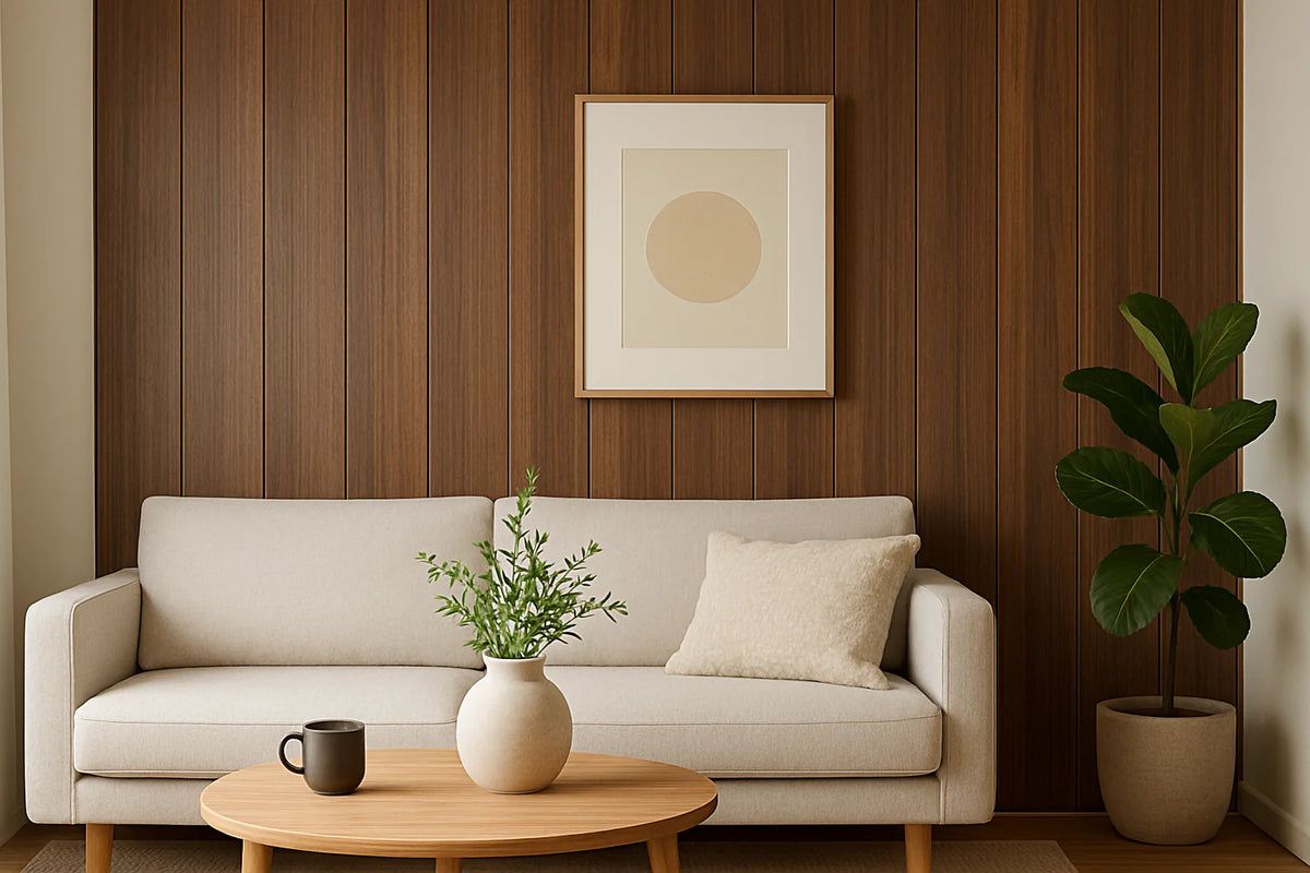 Walnut wood effect wall panels combined with wave style panels for feature wall design Solid furniture uk