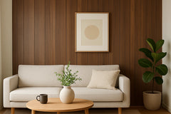 Walnut wood effect wall panels combined with wave style panels for feature wall design Solid furniture uk