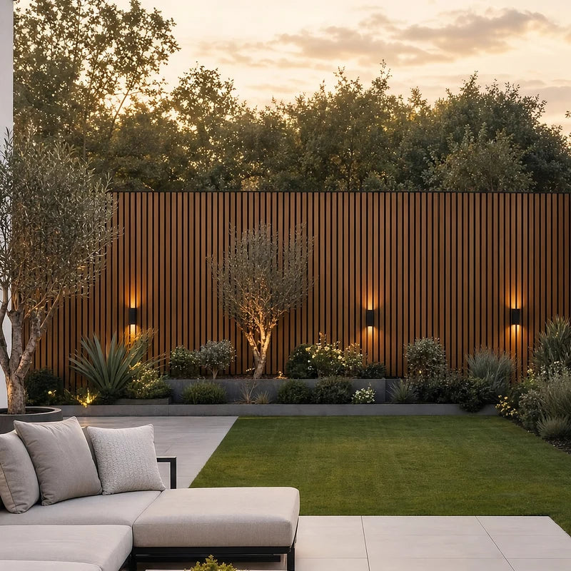 Walnut WPC slatted wall panel 30x240cm installed in a garden – Solid Furniture UK