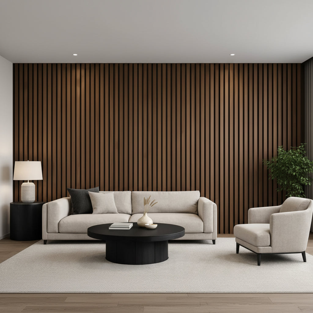 Walnut WPC slatted wall panel 30x240cm installed in a living room – Solid Furniture UK