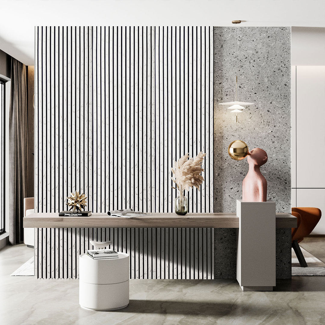 60x240cm White Gold Marble acoustic wall panels by Solid Furniture LTD installed in a modern living room, adding elegance and improving sound control