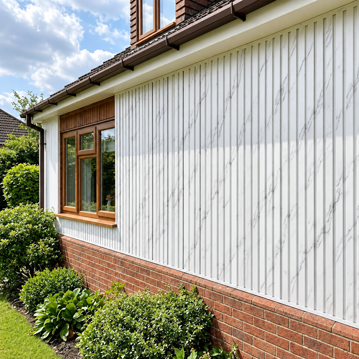 White and grey marble effect waterproof exterior cladding panels 15x240cm installed on a patio wall by Solid Furniture UK