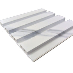 Close-up view of white and grey marble effect waterproof slatted wall panels 15x240cm by Solid Furniture UK