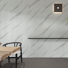 White and grey marble effect waterproof slatted wall panels 15x240cm installed on a kitchen wall by Solid Furniture UK