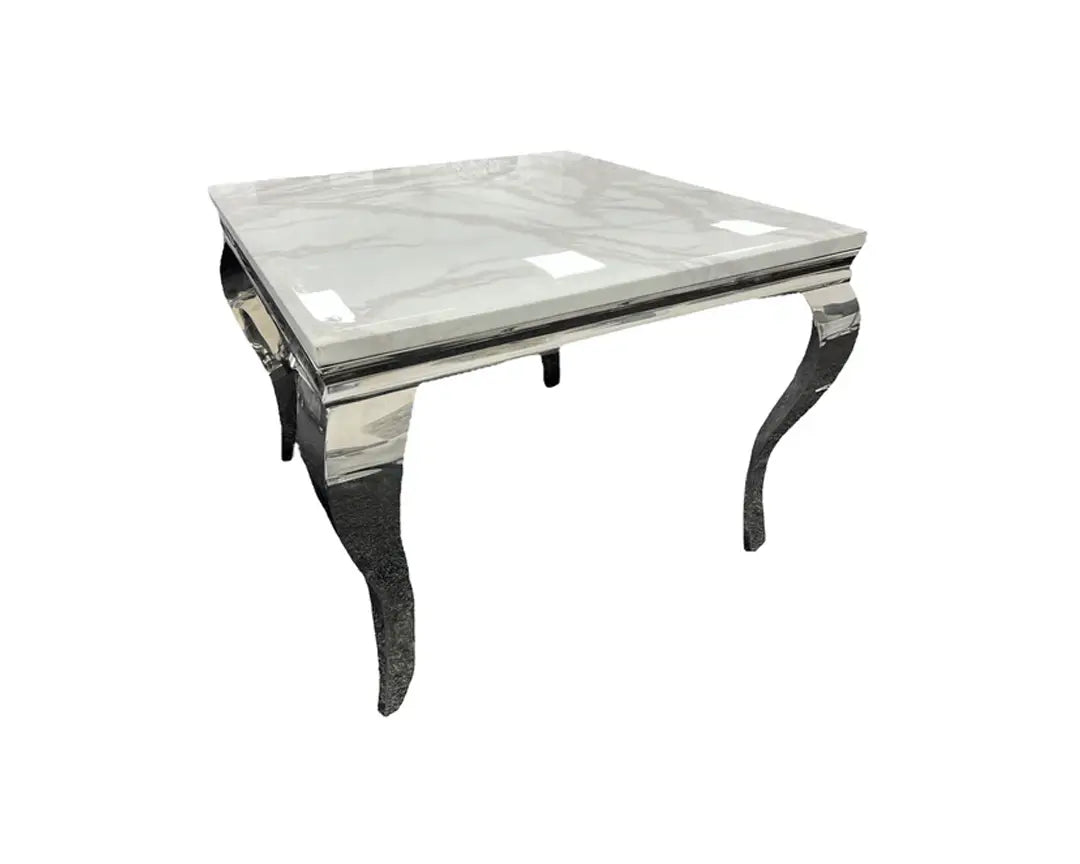 Solid Furniture UK white Louis chrome dining table 1m square marble effect tabletop