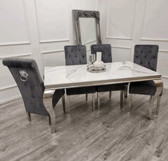 Solid Furniture UK white Louis chrome dining table with dark grey Sofia velvet chairs main view