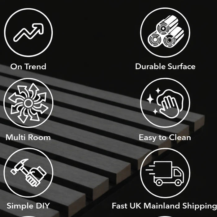 Illustration of white marble 3-sided acoustic slat wall panel 32 x 240 cm showing safe handling, secure packaging for delivery, DIY installation tips, and recommended tools. solid furniture UK