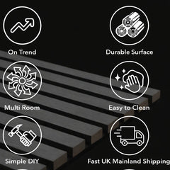 Illustration of white marble 3-sided acoustic slat wall panel 32 x 240 cm showing safe handling, secure packaging for delivery, DIY installation tips, and recommended tools. solid furniture UK