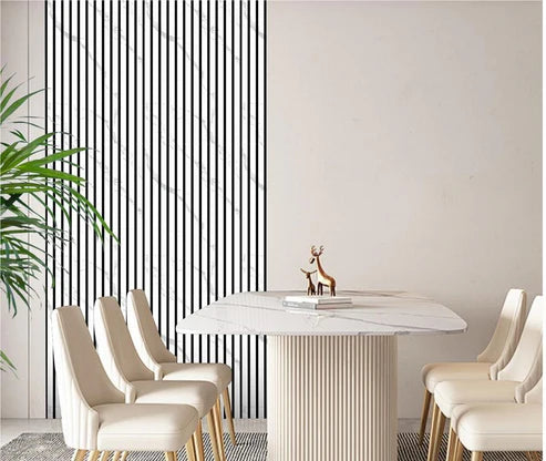 White marble acoustic slatted wall panels 60x280cm installed in a modern drawing room interior solid furniture UK