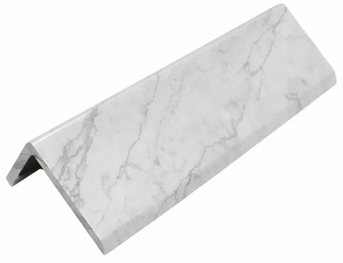 White marble acoustic wall panel end trim shown in main front view with clean modern finish solid furniture uk