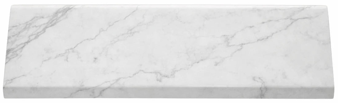 Side view of white marble acoustic wall panel end trim showing profile and edge detailing solid furniture UK