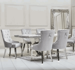 White marble effect dining table with Valencia light grey PU leather chairs set UK modern luxury dining furniture from Solid Furniture UK