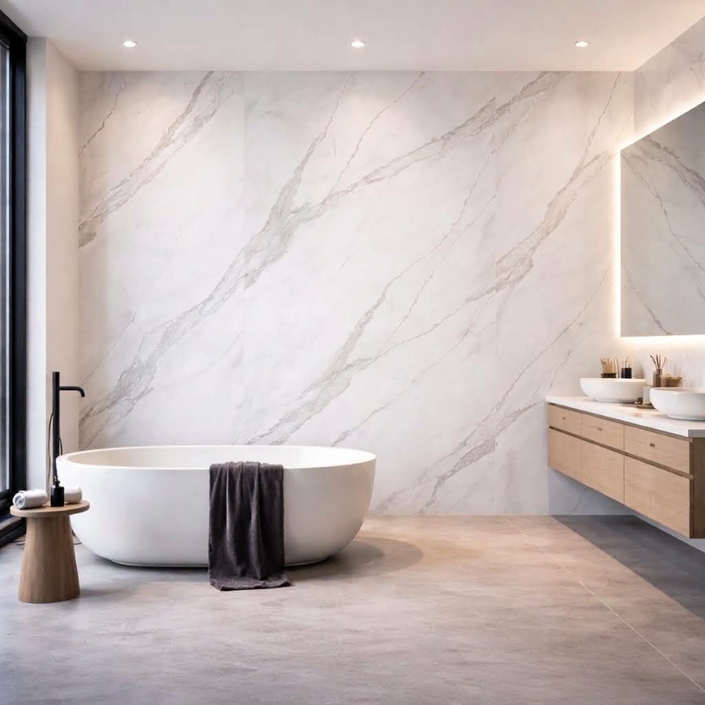 White marble effect PVC wall panels 60×240cm installed in a UK bathroom – Solid Furniture UK