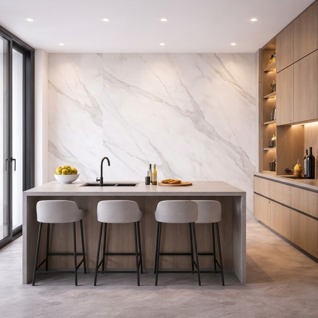 White marble effect PVC wall panels 60×240cm installed in a UK kitchen – Solid Furniture UK