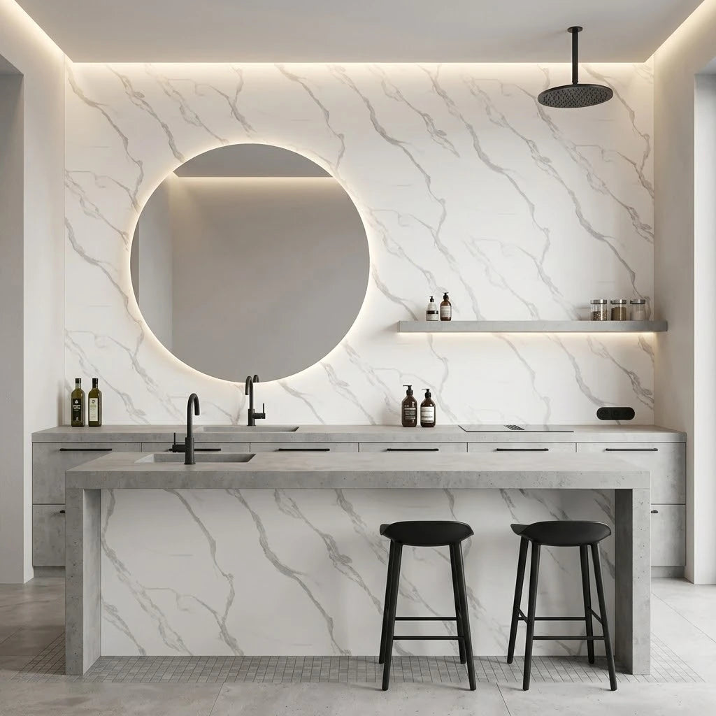White marble effect PVC wall cladding 90×240cm installed in a modern kitchen by Solid Furniture UK