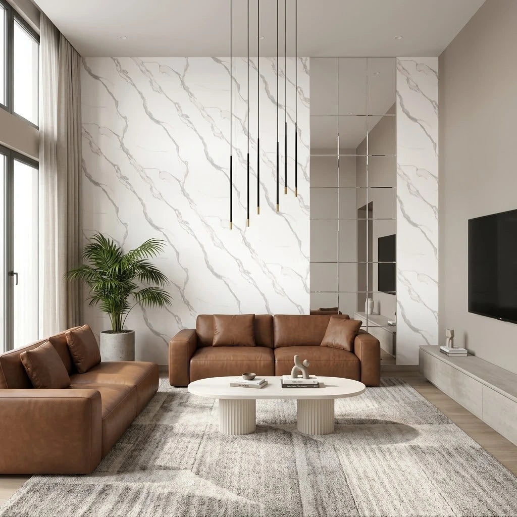 White marble effect PVC wall panels 90×240cm installed in a modern living room by Solid Furniture UK