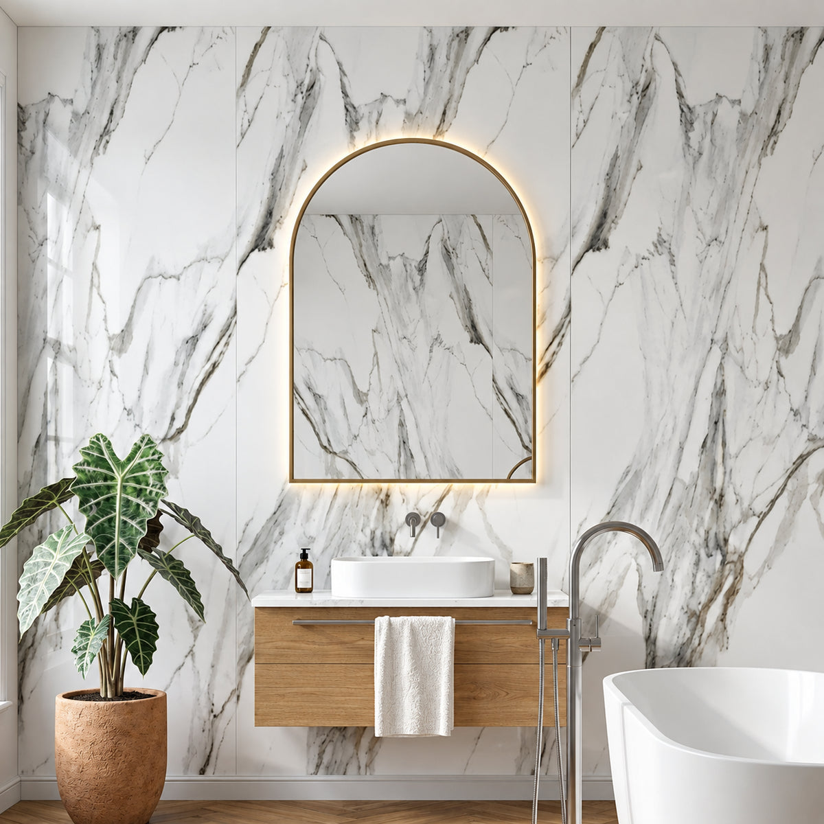White marble waterproof PVC wall panels 60x240cm installed in bathroom – Solid Furniture UK