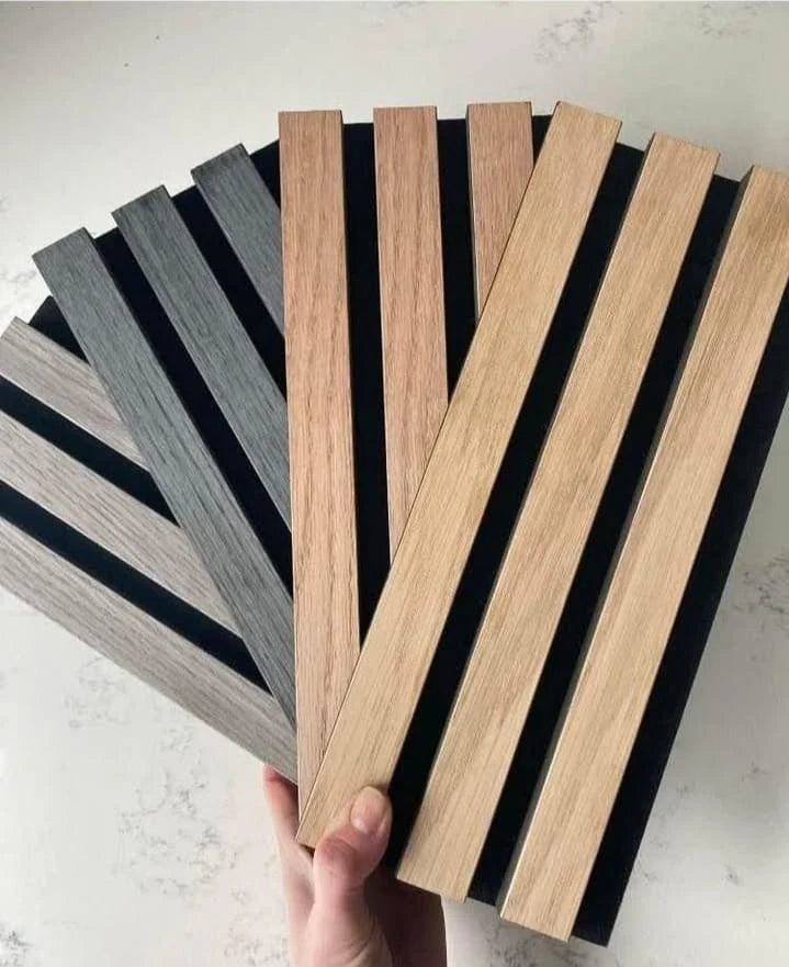 Real Wood Acoustic Wall Panel samples showing available finishes for 60 × 240 cm panels – Solid Furniture UK
