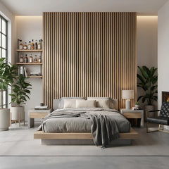 White Oak Acoustic Slatted Wall Panels 60 × 240 cm creating a bedroom feature wall – Solid Furniture UK