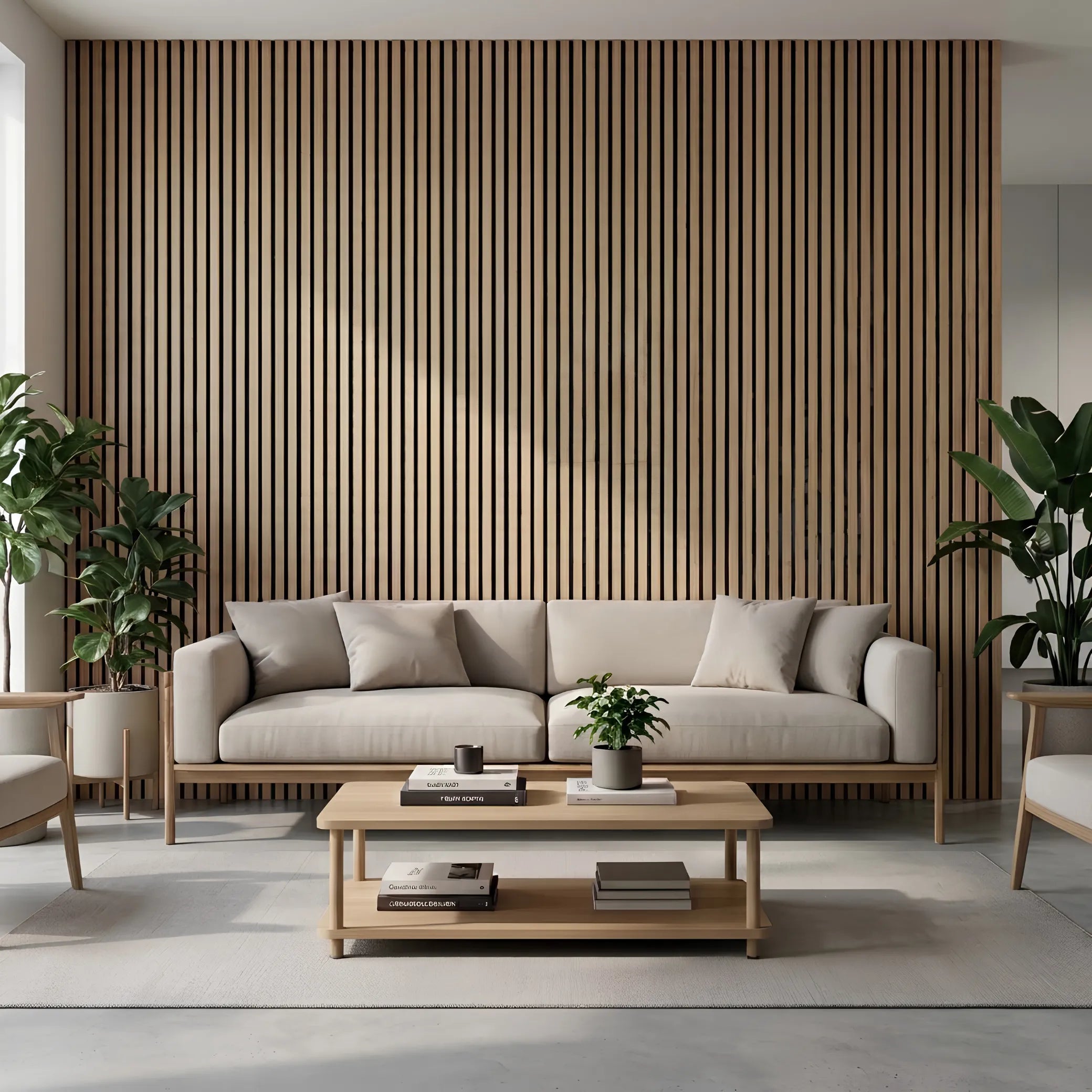 White Oak Acoustic Slatted Wall Panels 60 × 240 cm installed in a modern living room – Solid Furniture UK