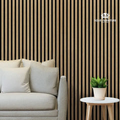 Full room view featuring White Oak 60x240cm acoustic wall panels by Solid Furniture UK installed in a modern bright interior space