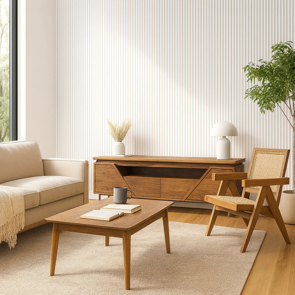 White on white felt 3-sided acoustic slat wall panels 32 x 240 cm installed on interior wall showing clean seamless finish in a modern room solid furniture UK