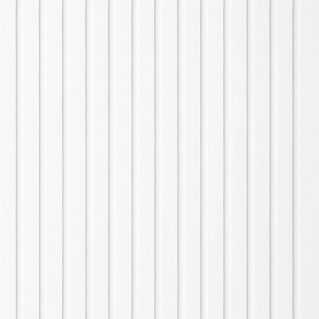 Front main view of white on white felt 3-sided acoustic slat wall panel 32 x 240 cm showing clean vertical slats and minimalist design solid furniture UK
