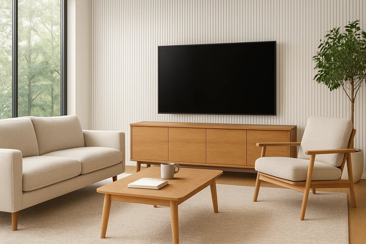 White on white felt 3-sided acoustic slat wall panels 32 x 240 cm used as a TV lounge feature wall creating a bright modern and minimalist living space solid furniture UK