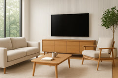 White on white felt 3-sided acoustic slat wall panels 32 x 240 cm used as a TV lounge feature wall creating a bright modern and minimalist living space solid furniture UK