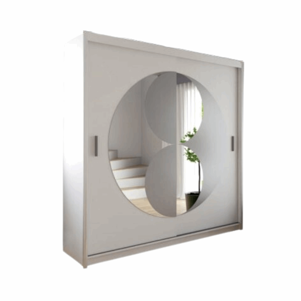 White sliding wardrobe with mirrored doors, shelves, and hanging rails