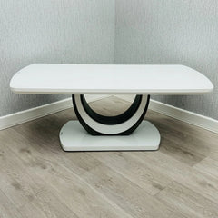White Texas coffee table with 120cm high gloss top and U-shaped base | Solid Furniture UK