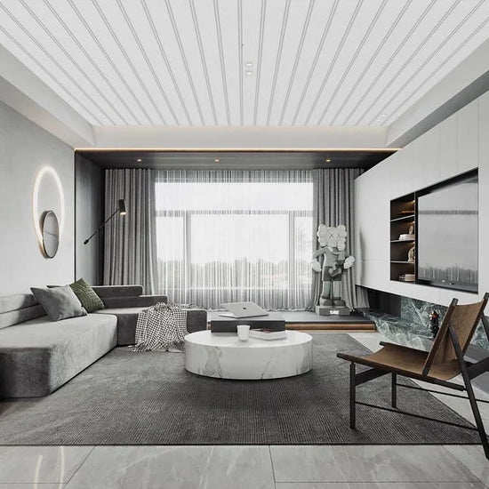 White WPC ceiling panels installed in a modern room – Solid Furniture UK