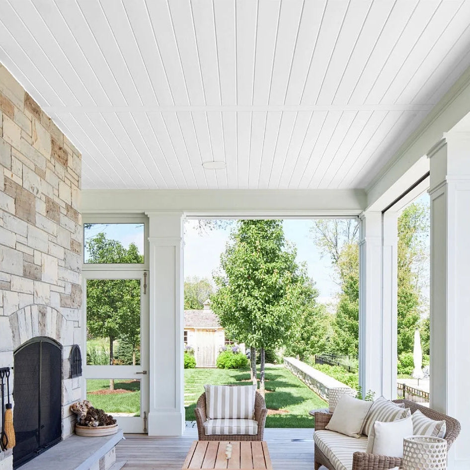 White WPC ceiling panels installed in an outdoor space – Solid Furniture UK