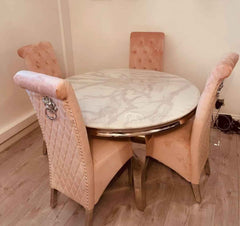 Louis White Round Marble Dining Table With Pink Chairs