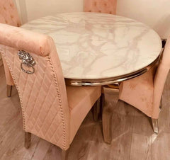 Louis White Round Marble Dining Table With Pink Chairs