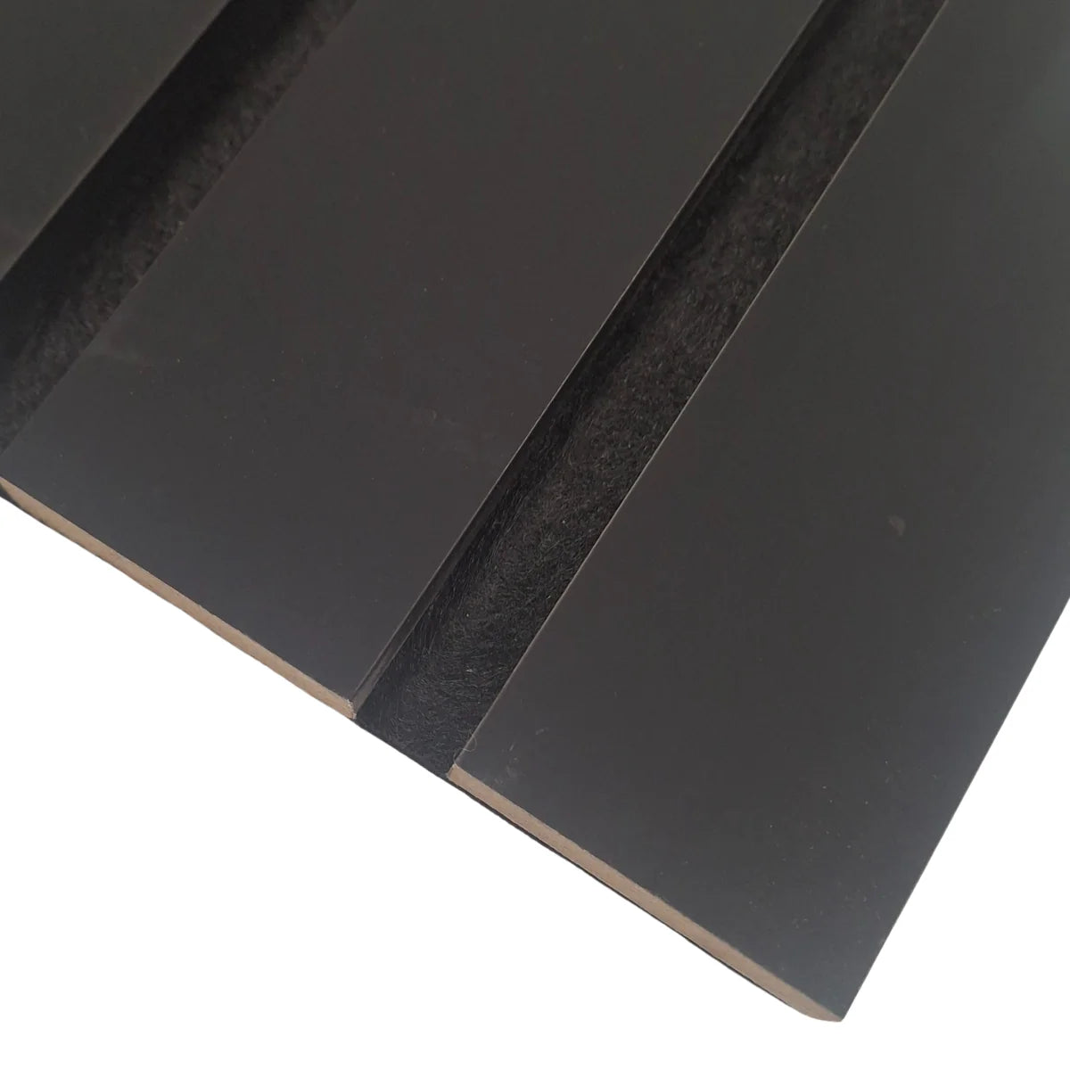 Close-up of wide slat 3-sided black wall panel showing smooth textured finish, bold black color, and acoustic felt backing for a modern, sleek look solid furniture UK