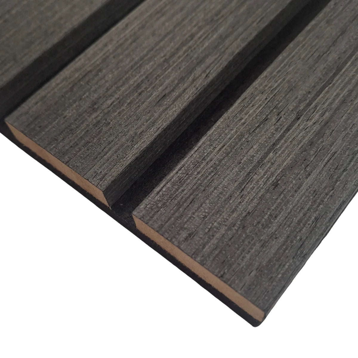 Close-up of wide slat 3-sided wood veneer acoustic wall panel in premium black oak showing rich texture, smooth finish, and sleek slat design solid furniture UK