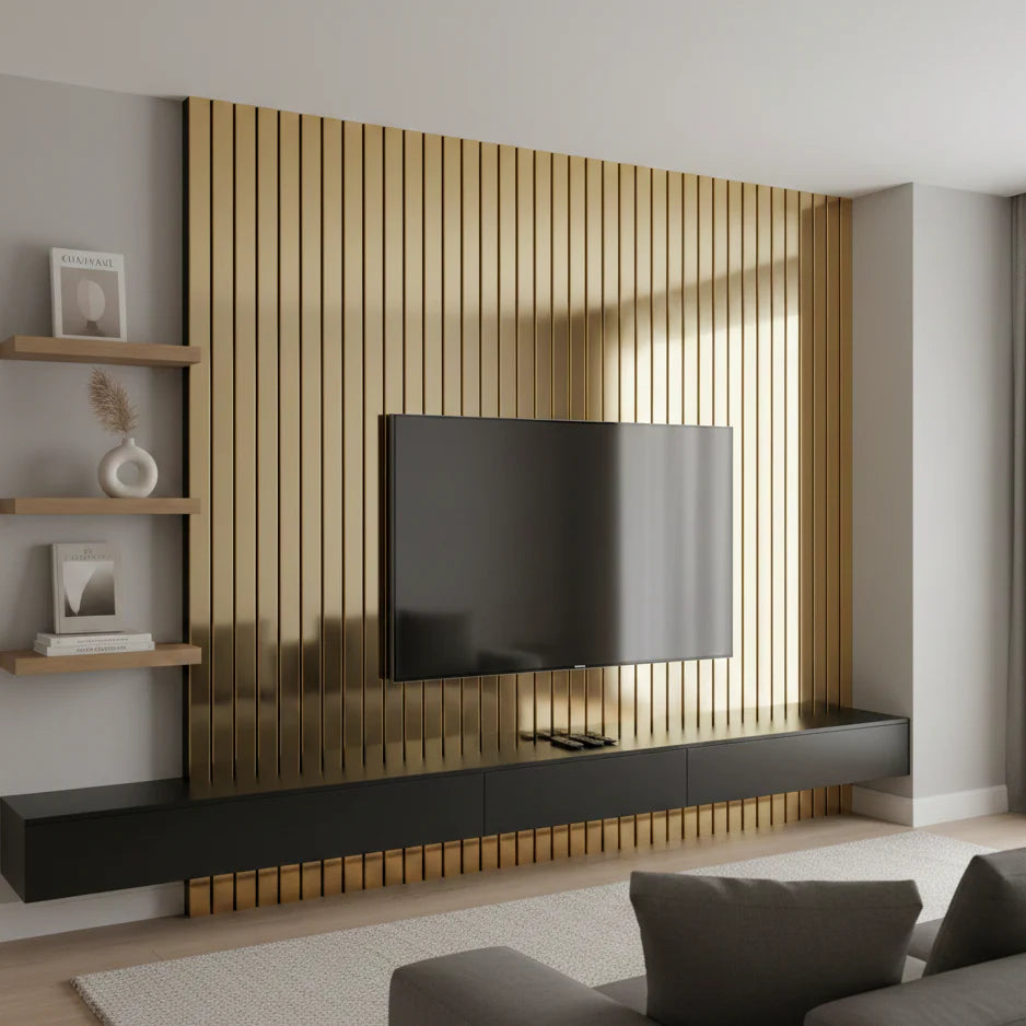 Front view of wide slat 3-sided gold-colored wall panel showing full panel design, clean edges, and modern slat pattern for a striking feature wall solid furniture UK
