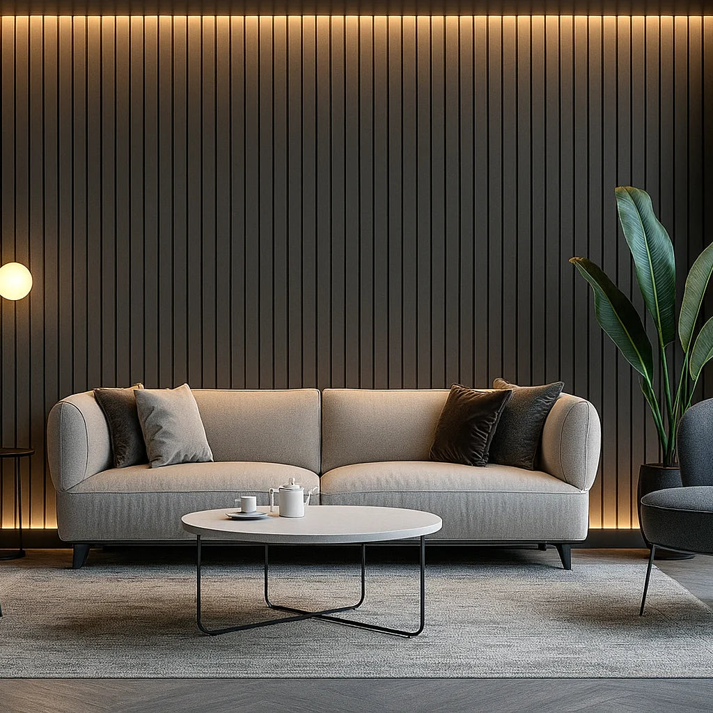 Wide slat 3-sided grey wall panels installed in a modern living room creating a bold feature wall with improved acoustics and contemporary style solid furniture UK