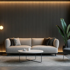 Wide slat 3-sided grey wall panels installed in a modern living room creating a bold feature wall with improved acoustics and contemporary style solid furniture UK