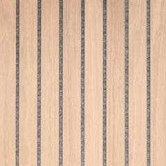 Front view of wide slat 3-sided wood veneer acoustic wall panel in premium oak on grey felt showing full panel design, clean edges, and modern slat pattern solid furniture UK
