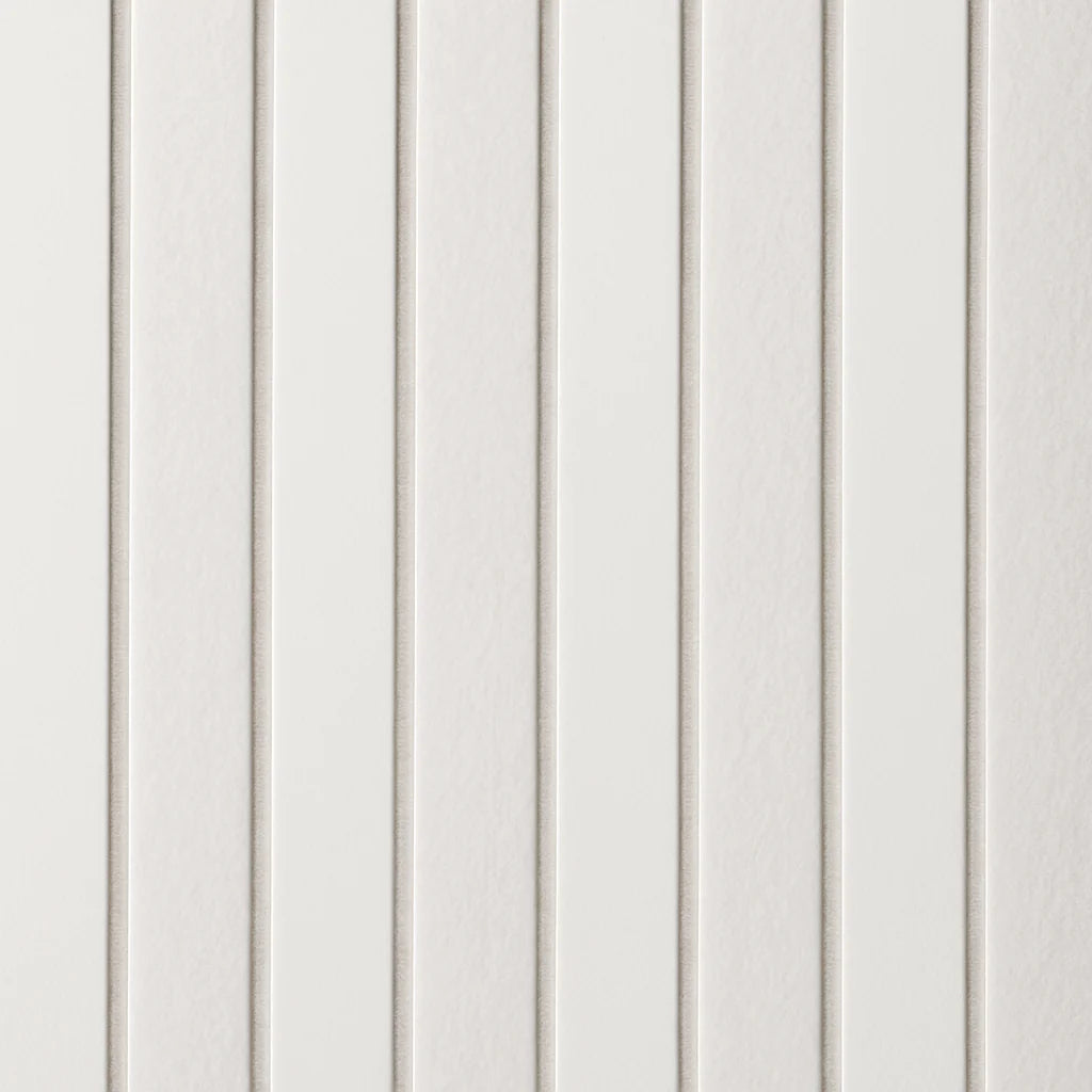 Front view of wide slat 3-sided wall panel in white on white felt showing clean, modern slats and seamless finish for a bright feature wall solid furniture UK