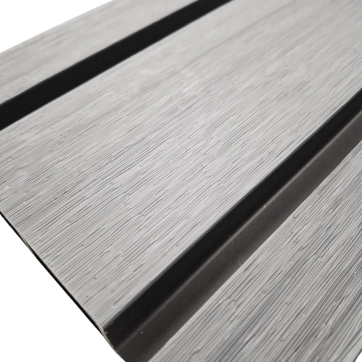 Grey Oak outdoor composite wall cladding panels with modern wide slat wood effect finish solid furniture UK