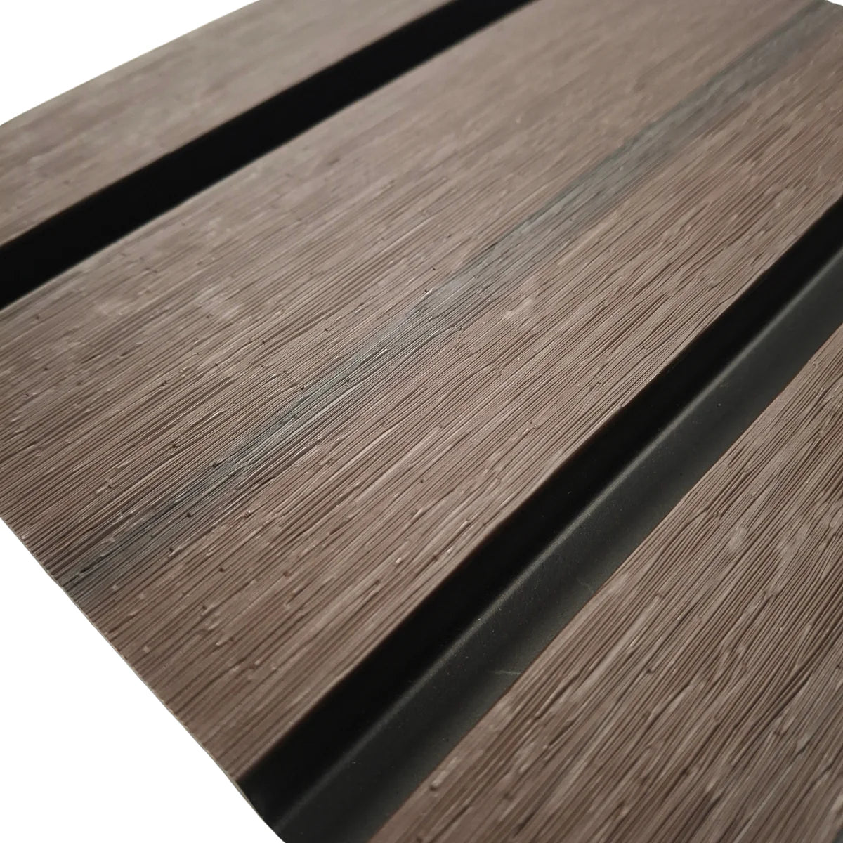 Smoked Oak composite exterior wall panels with UV resistant wide slat cladding design solid furniture UK