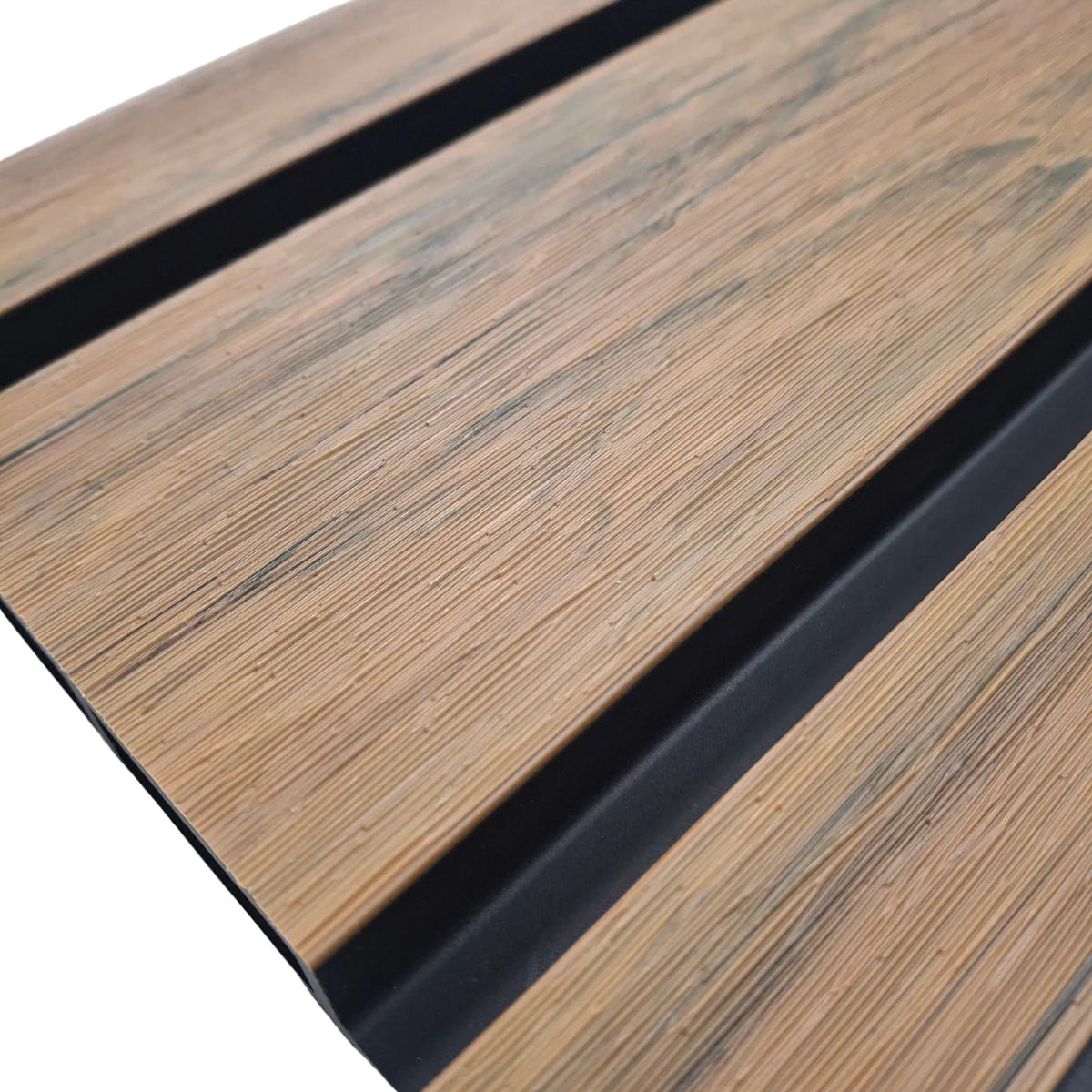 Waterproof wide slat composite wall cladding panels in Walnut wood effect finish for exterior use solid furniture UK