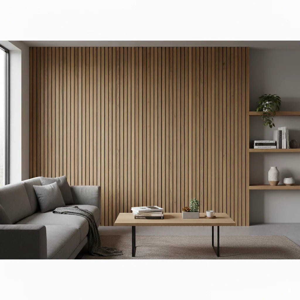 Close-up of Wide Slat Premium Oak wood veneer acoustic wall panel showing natural wood grain, smooth veneer finish, and texture of slats solid furniture UK
